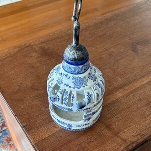 VTG China Blue and White Porcelain Bird Cage Asian Candle Holder 11.5” Tall